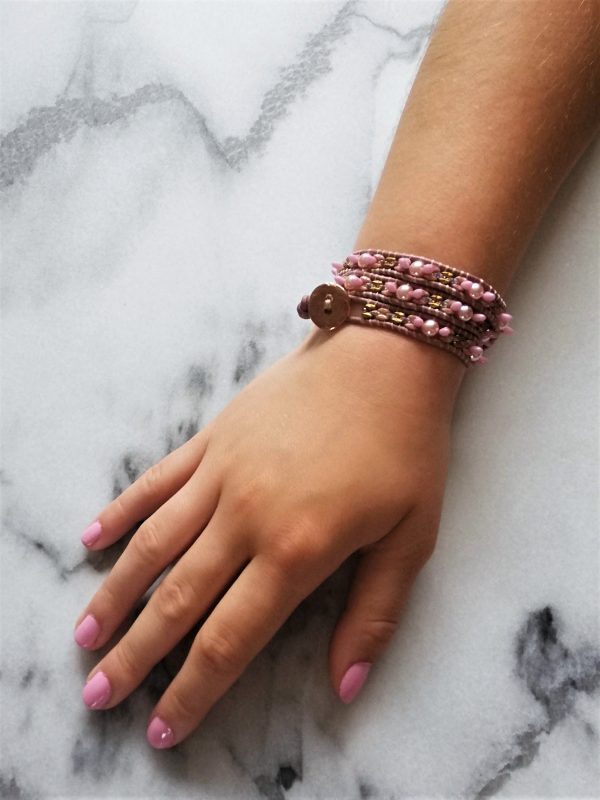Relief, roze, wikkelarmband, armband, pink, wrapbracelet, bracelet, leder, leather, beads, kralen