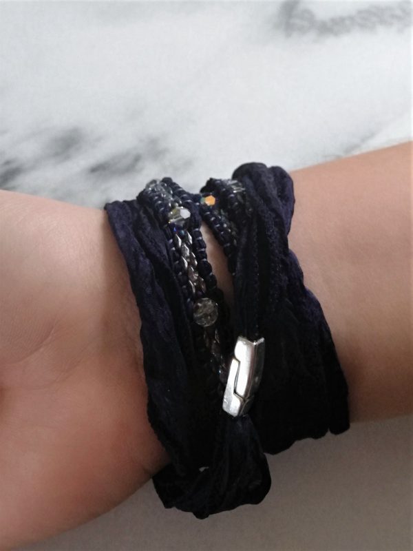 Zijde, wikkelarmband, wrapbracelet, silk, night, blue, beads