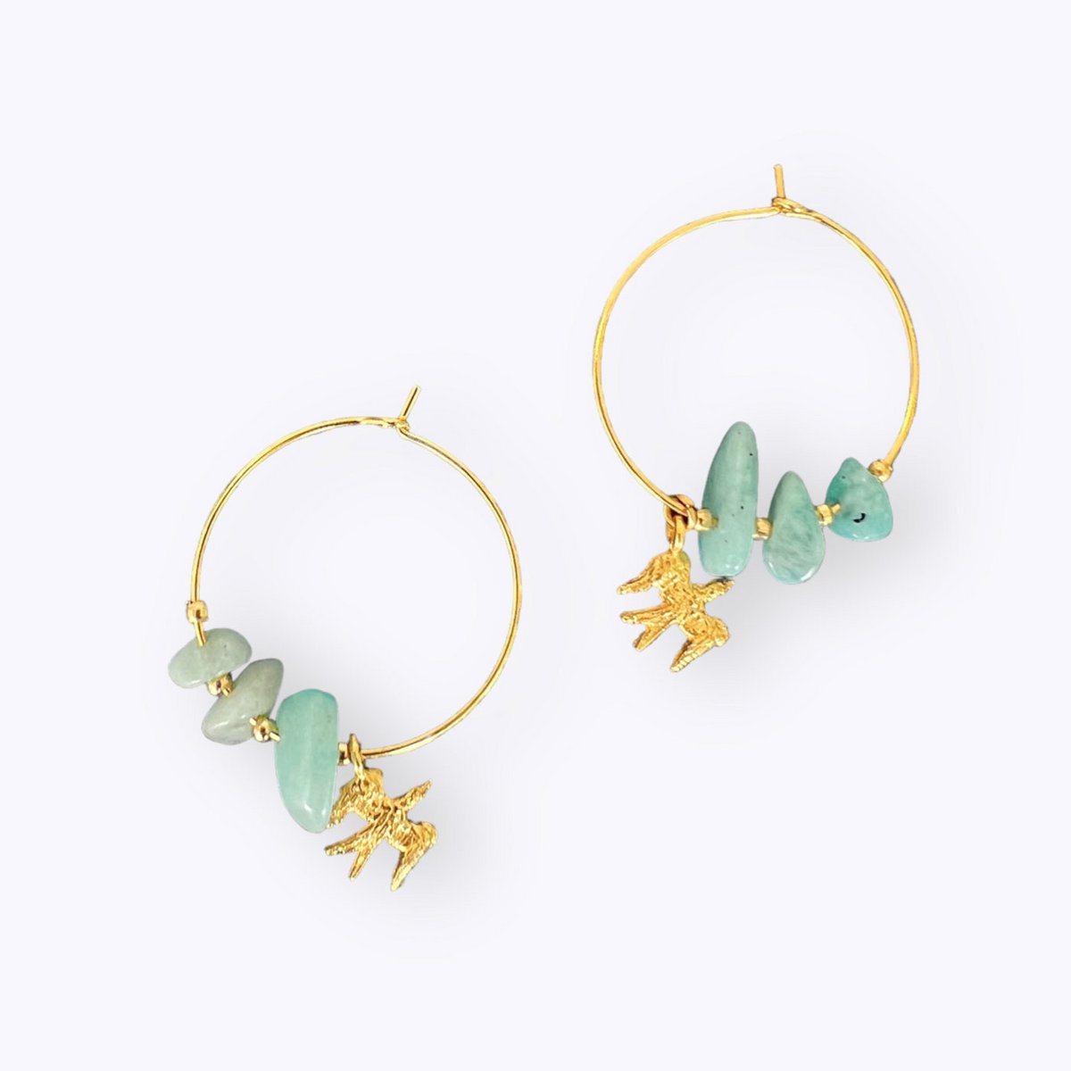 Bird & amazonite golden hoops