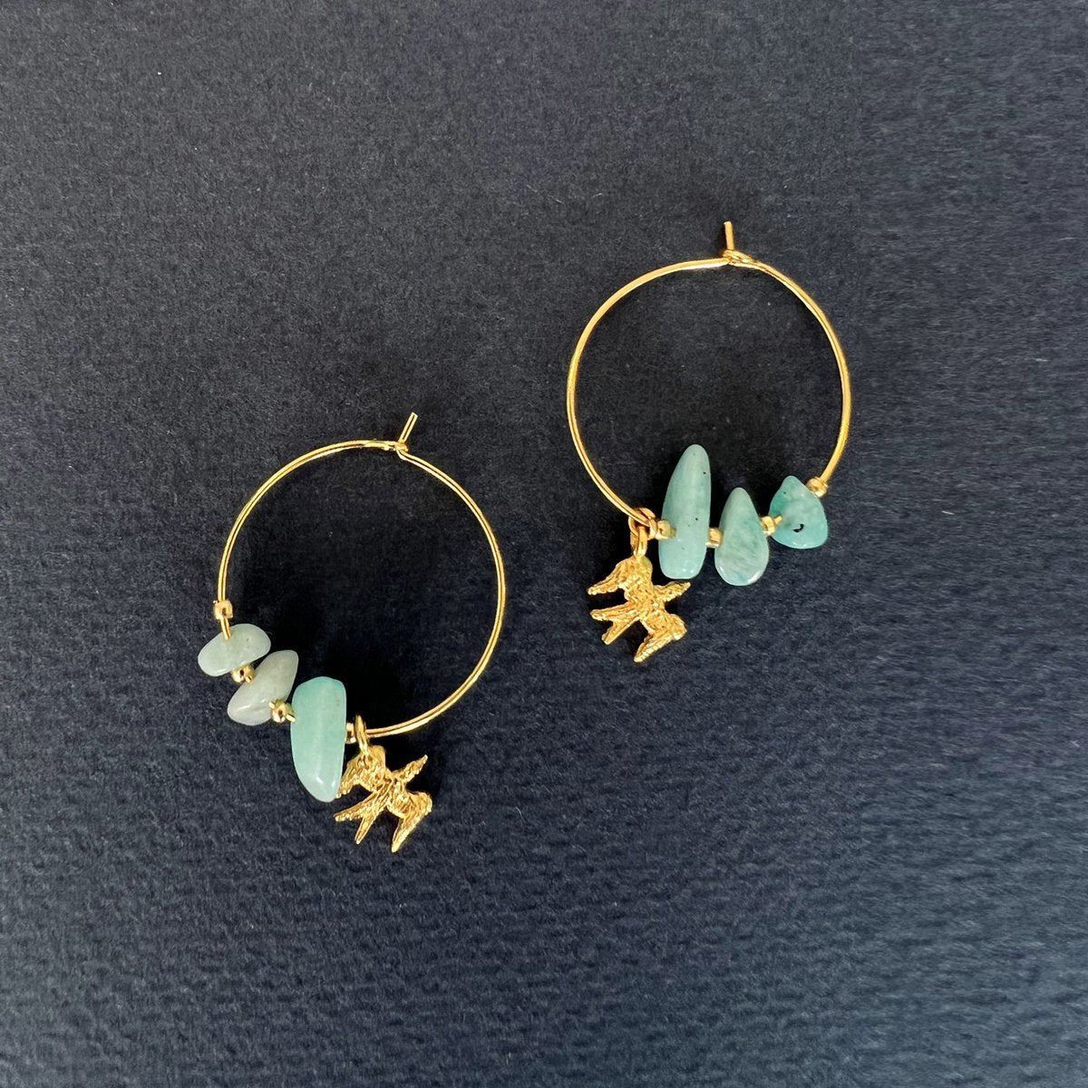 Bird & amazonite golden hoops