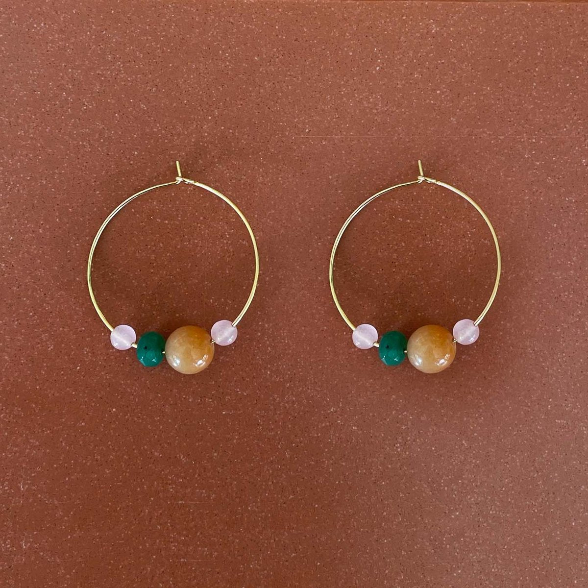 Gemstone tourmine, agate and jade hoops earring