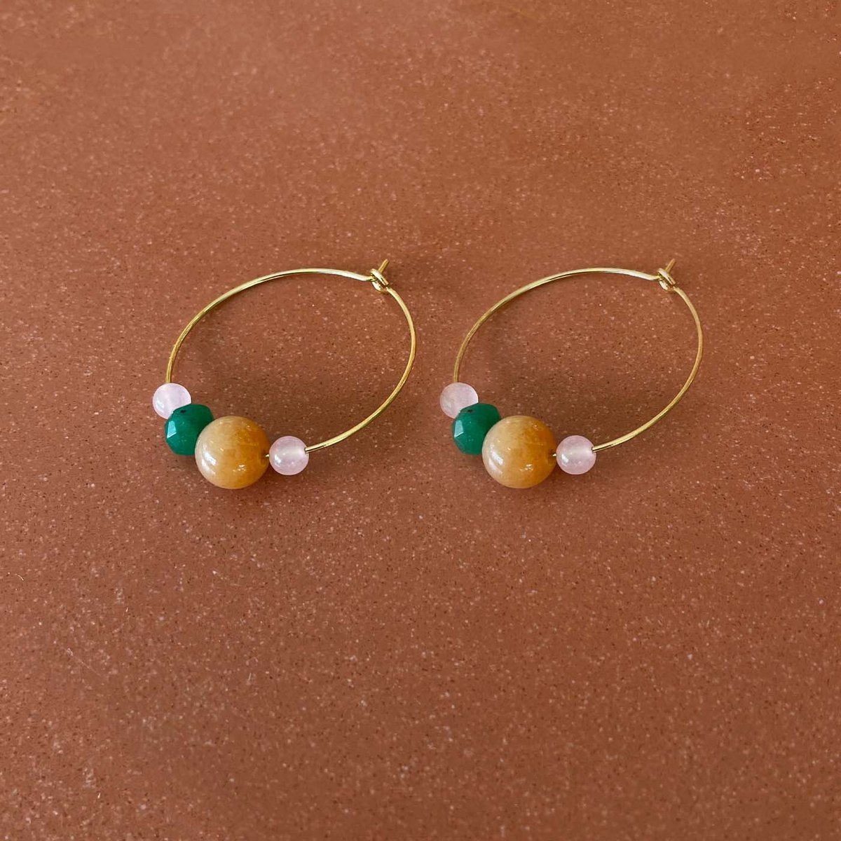 Gemstone tourmine, agate and jade hoops earring