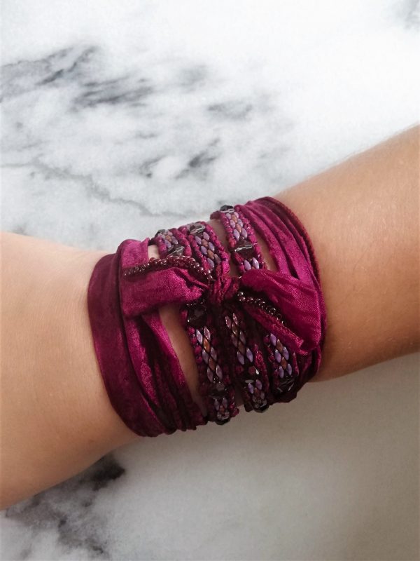 Merlot, wrapbracelet, wikkelarmband, armband, zijde, bracelet, silk, beads, kralen